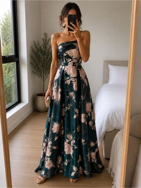 Donna Karan New York Elegant One Shoulder Floral Gown Formal Maxi Dress Teal 6